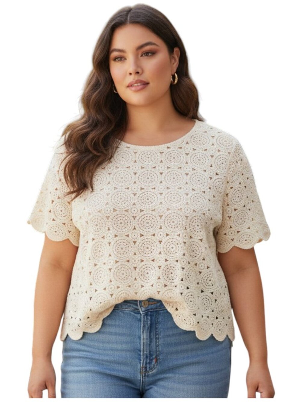 J. Jill Top Womens 2X Ivory Crochet Lace Short Sleeve Scallop Hem Blouse